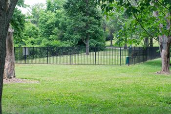 a wrought iron fence around a park with trees